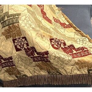 Vintage Throw Blanket Chenille Reversible Jacquard Bullion Fringe Heavy 51X58"